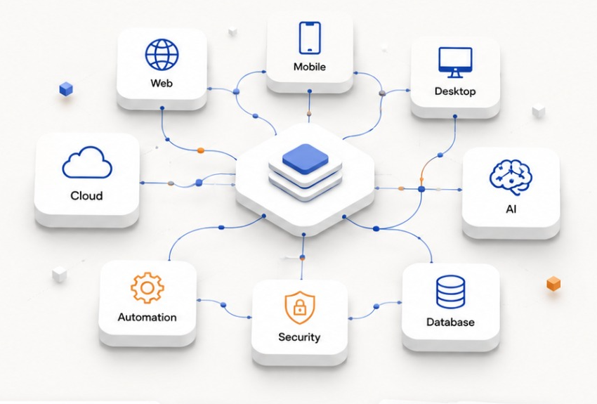 SolvixSystemsAI connected software ecosystem showing Web, Mobile, Desktop, Cloud, AI, Automation, Security and Database
